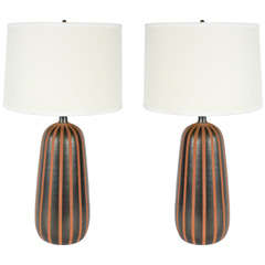 Pair of Terra Cotta Tiger Striped Table Lamps by Fantoni